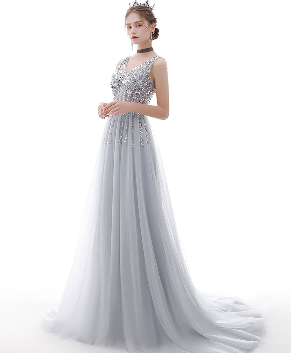 Gray V Neck Tulle Sequin Long Prom Dress Gray Tulle Formal Dress