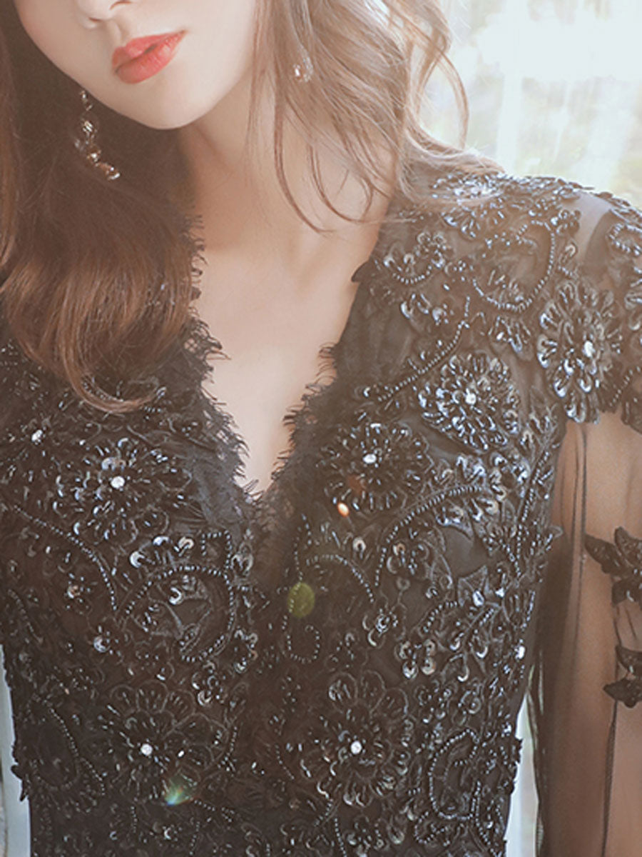 Black V Neck Tulle Lace Beads Long Prom Dress, Black Tulle Evening Dresses