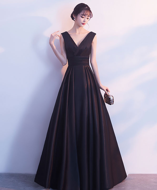 Simple Black V Neck Satin Long Prom Dress, Black Bridesmaid Dress – shopluu