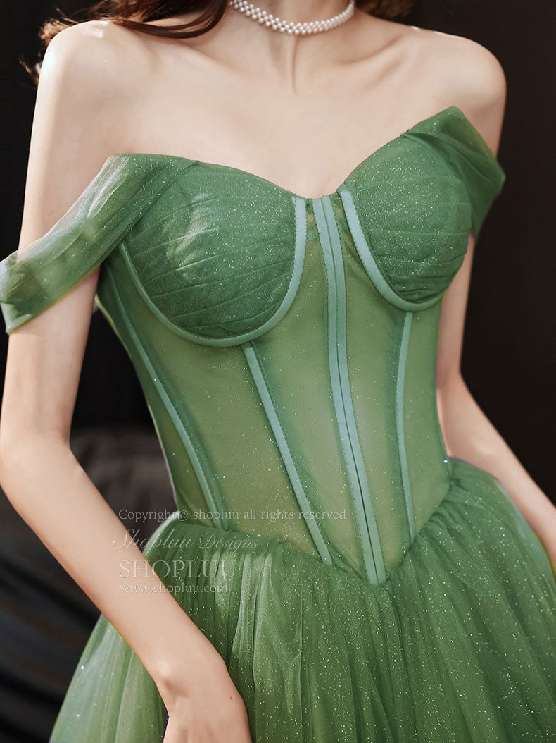 Green Sweetheart Neck Tulle Long Prom Dress, Green A line Formal Dress shopluu Green Sweetheart Neck Tulle Long Prom Dress, Green A line Formal Dress shopluu