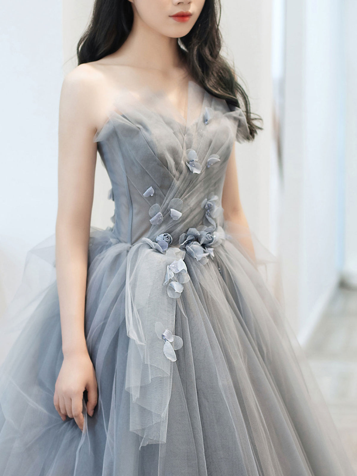 Gray Long Prom Dress, Gray Tulle Ball Gown Formal Dresses