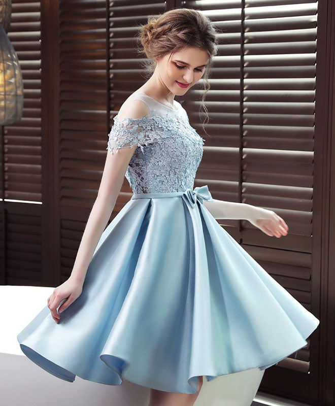 Satin Scoop Neck Lace Blue Short Prom Dresses, Blue Homecoming