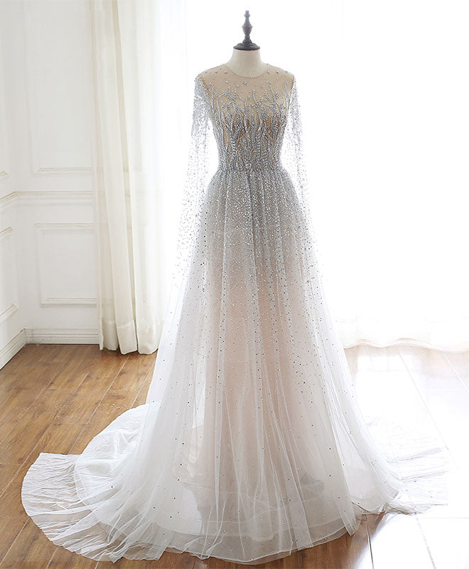 A-Line Round Neck Tulle Sequin Beads Long Prom Dress