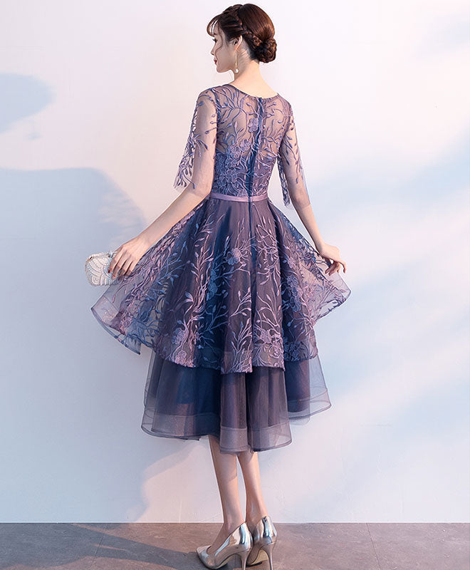 Purple Tulle Lace Short Prom Dresses, Scoop Neck Lace Purple Homecoming Dresses US 14