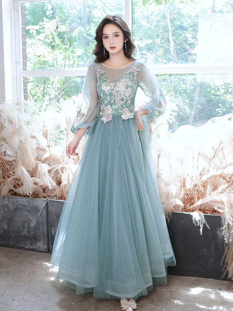 Green Round Neck Tulle Lace Long Prom Dress, Green Evening Dress US 2 / Custom Color Green Round Neck Tulle Lace Long Prom Dress, Green Evening Dress US 2 / Custom Color