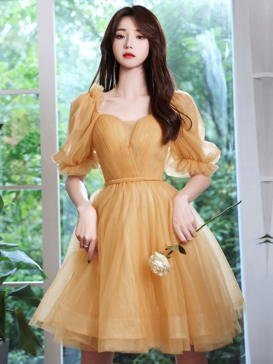 sleeves yellow homecoming dress Short Prom Dresses, Yellow Puffy Dresses – shopluu fabric_Satin