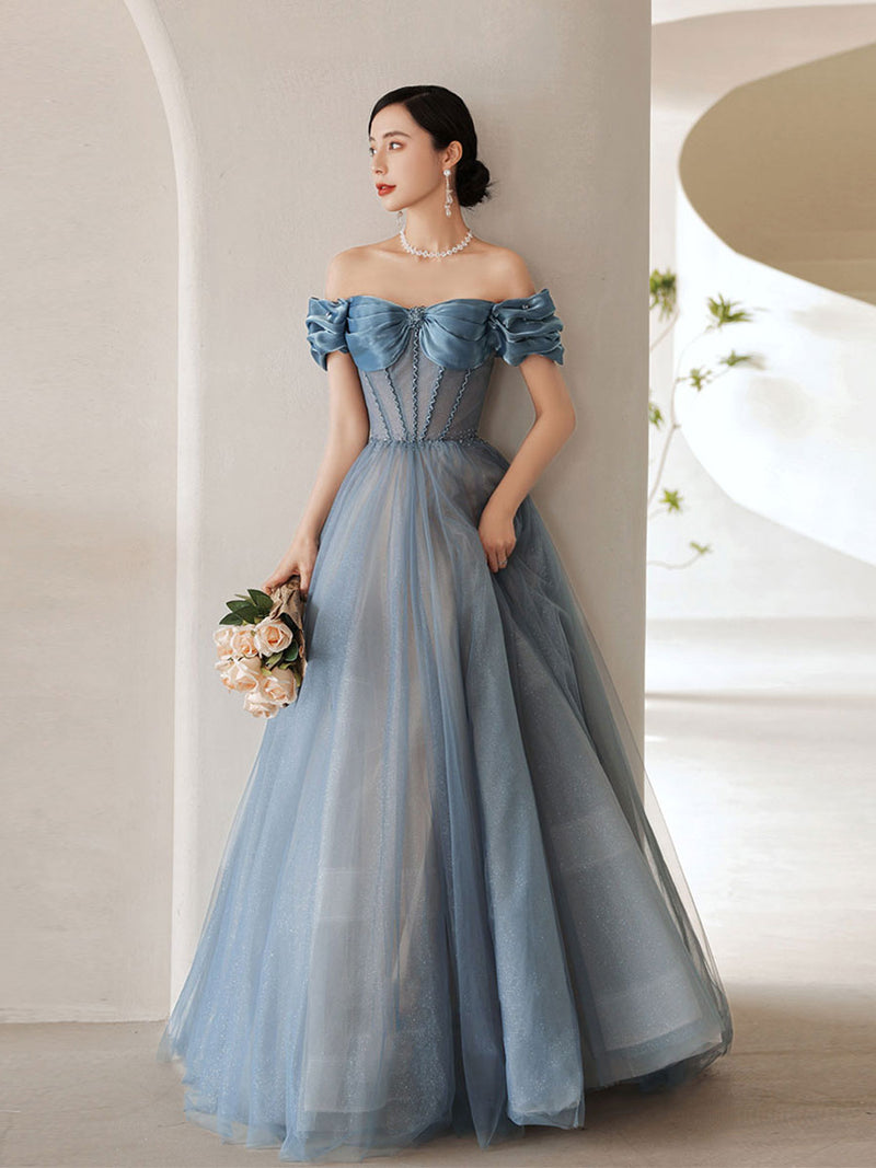 Blue Sweetheart Off Shoulder Tulle Long Prom Dress Blue Formal Dress