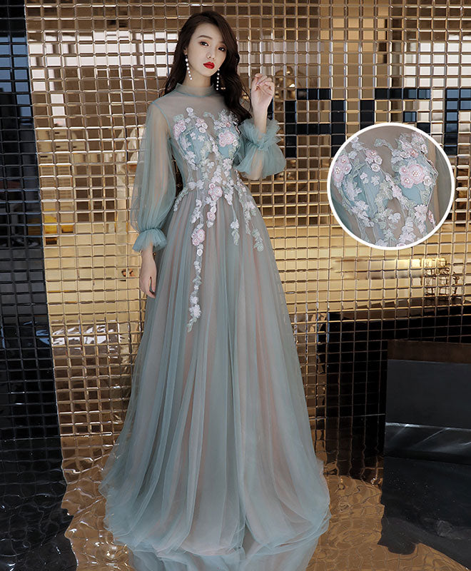 green long sleeve lace prom dress Lace Long Sleeves Prom Dresses V Neck Split
