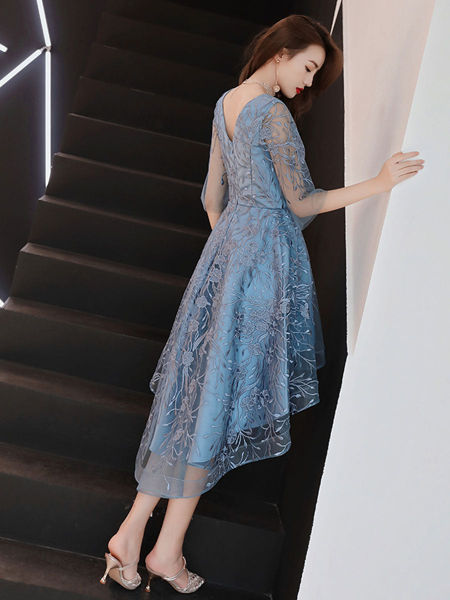 Blue V Neck Tulle Lace High Neck Prom Dress, Blue Lace Homecoming Dress