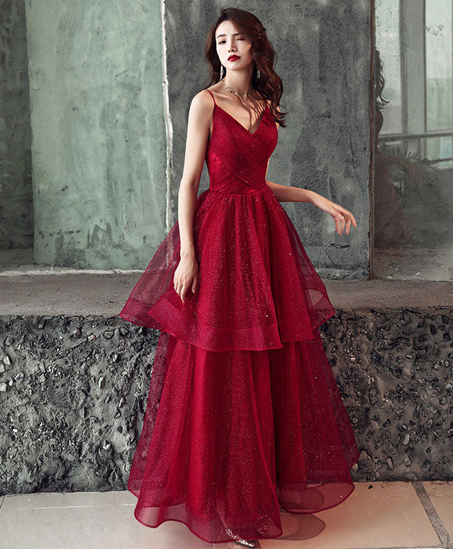 Burgundy V Neck Tulle Long Prom Dress, Shiny Burgundy Evening Dress Custom Size / Custom Color Burgundy V Neck Tulle Long Prom Dress, Shiny Burgundy Evening Dress Custom Size / Custom Color