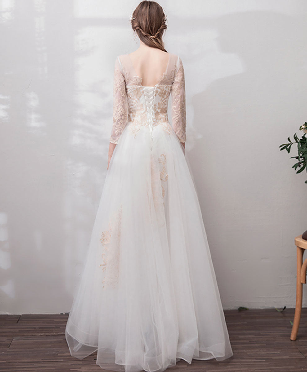White Round Neck Tulle Lace Long Prom Dress Lace Formal Dress
