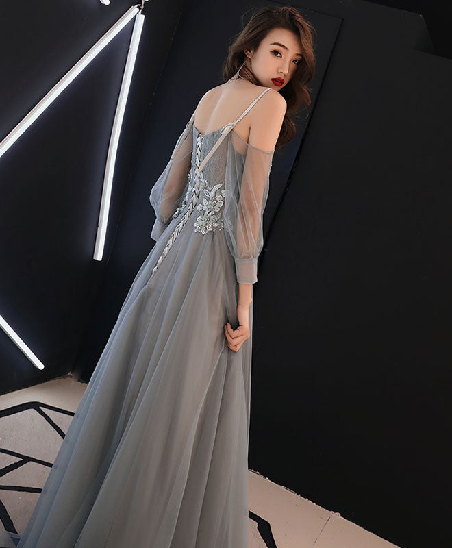 long sleeve gray dress Gray Sweetheart A-Line Tulle Lace Long Prom Dress, Gray Evening Dress Custom Size / Gray