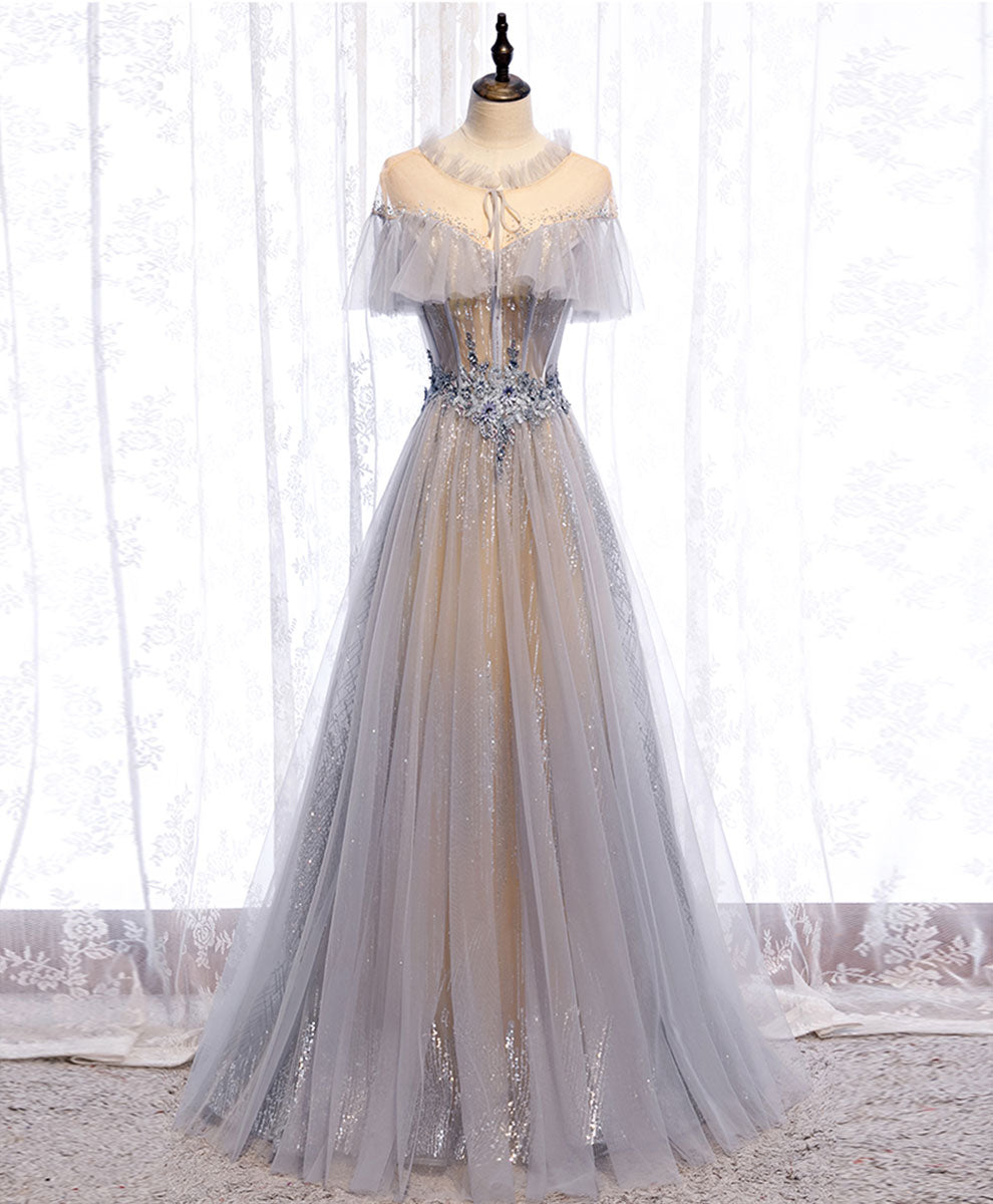 Gray Tulle Lace Long Prom Dress, Gray Tulle Formal Dress