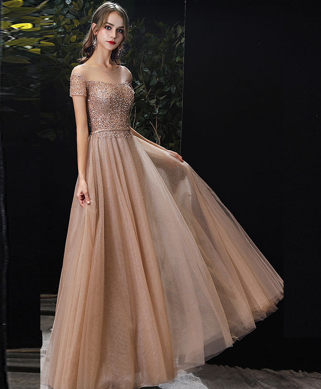 Champagne Tulle Sequin Long Prom Dress, Champagne Tulle Formal Graduation Dress