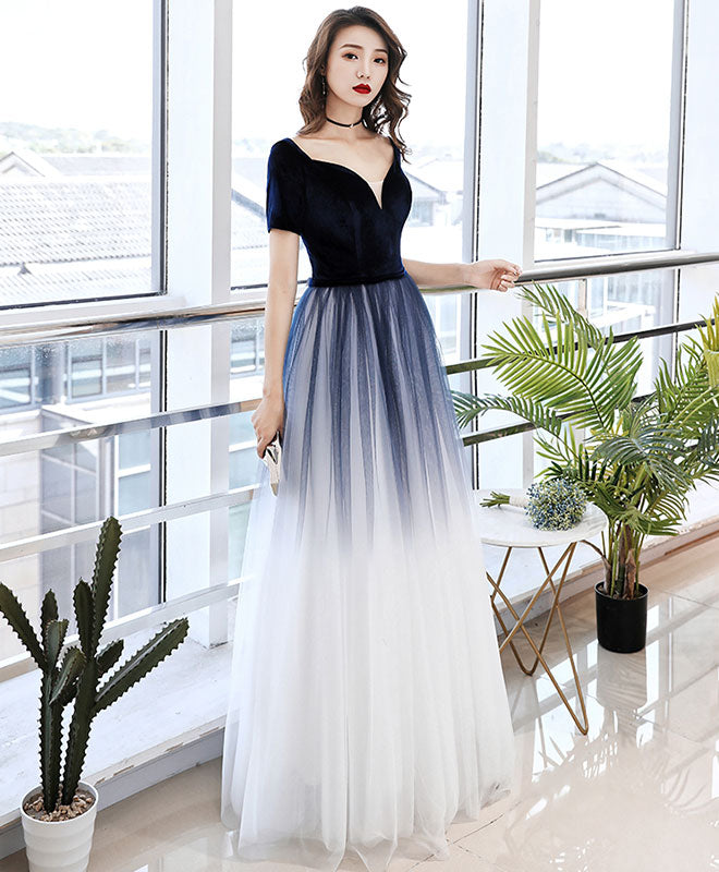 black blue ombre prom dress Spaghetti Straps Dark Blue Long Princess Sweetheart Satin Prom Dresses With Lace Top