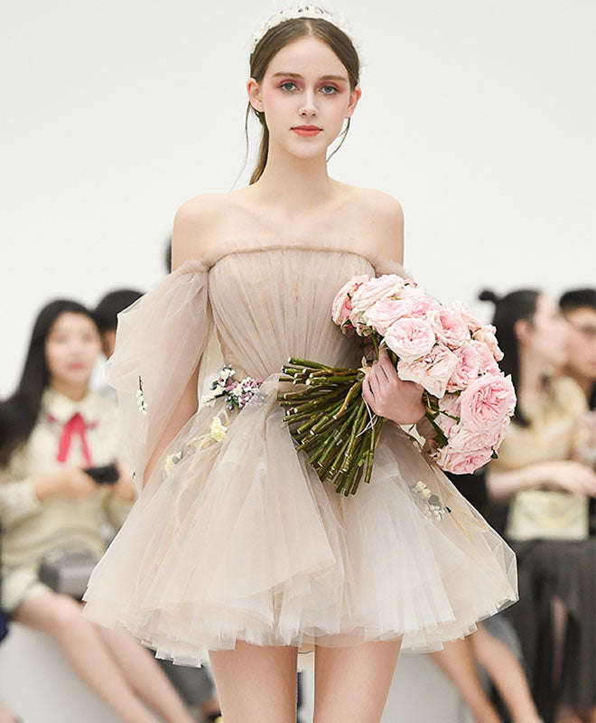 Cute Champagne Tulle Short Prom Dress, Champagne Homecoming Dress – shopluu