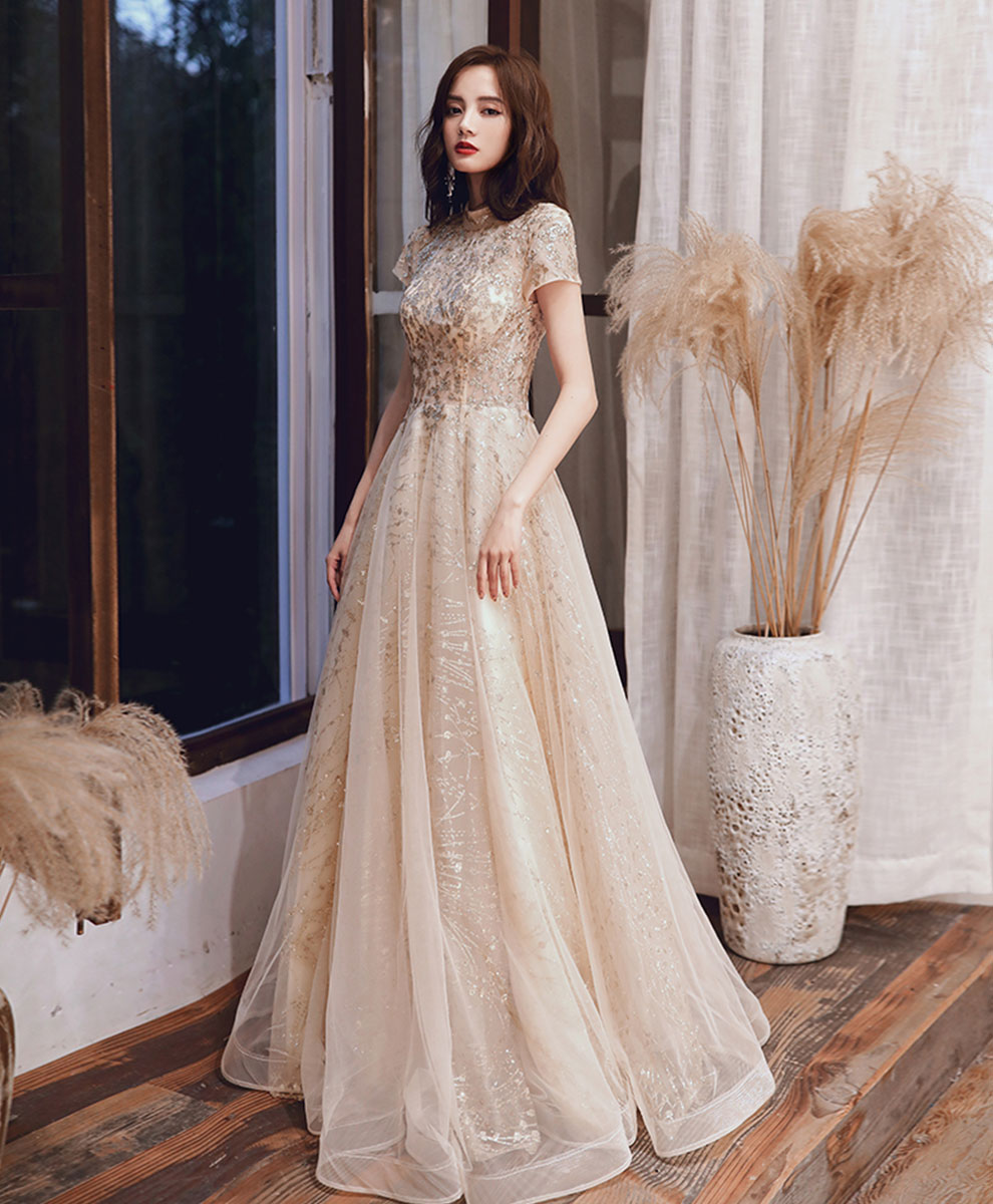 Champagne High Neck Tulle Sequin Long Prom Dress Formal Dress