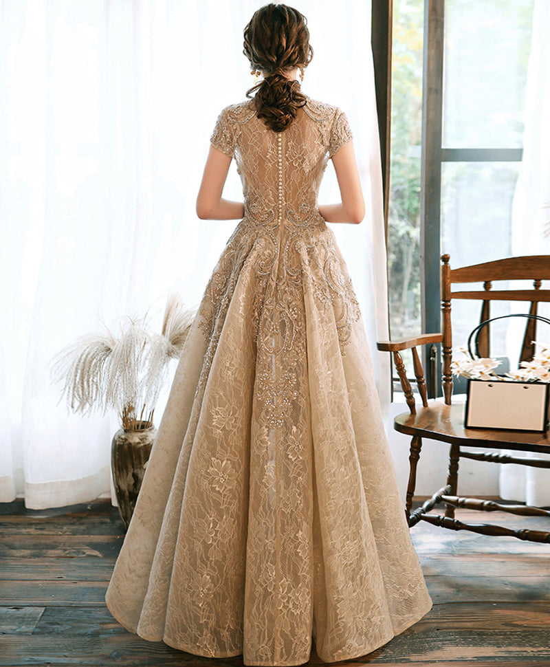 Cute Lace Short Sleeve High Low Prom Dress, A-Line High Neck Evening Party Dress US 14 / Same As Picture Cute Lace Short Sleeve High Low Prom Dress, A-Line High Neck Evening Party Dress US 14 / Same As Picture