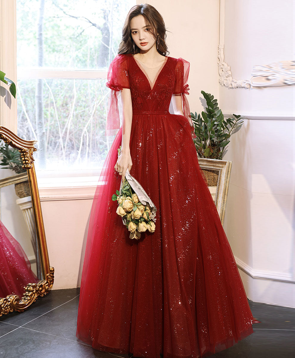 Burgundy V Neck Tulle Lace Long Prom Dress Burgundy Formal Dress