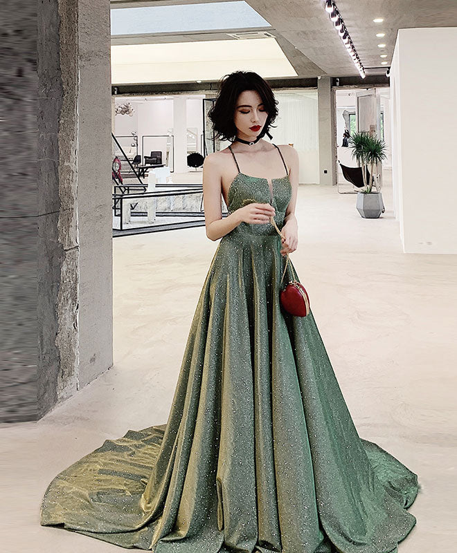 A-Line Backless Green Long Prom Dress, Green Long Evening Dress