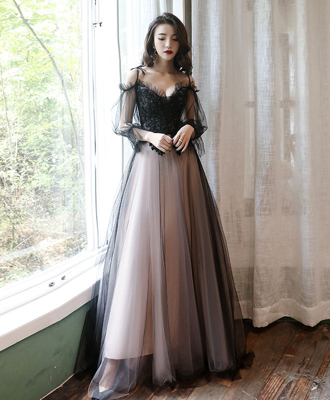 Black Tulle A Line Lace Long Prom Dress Tulle Lace Formal Dress