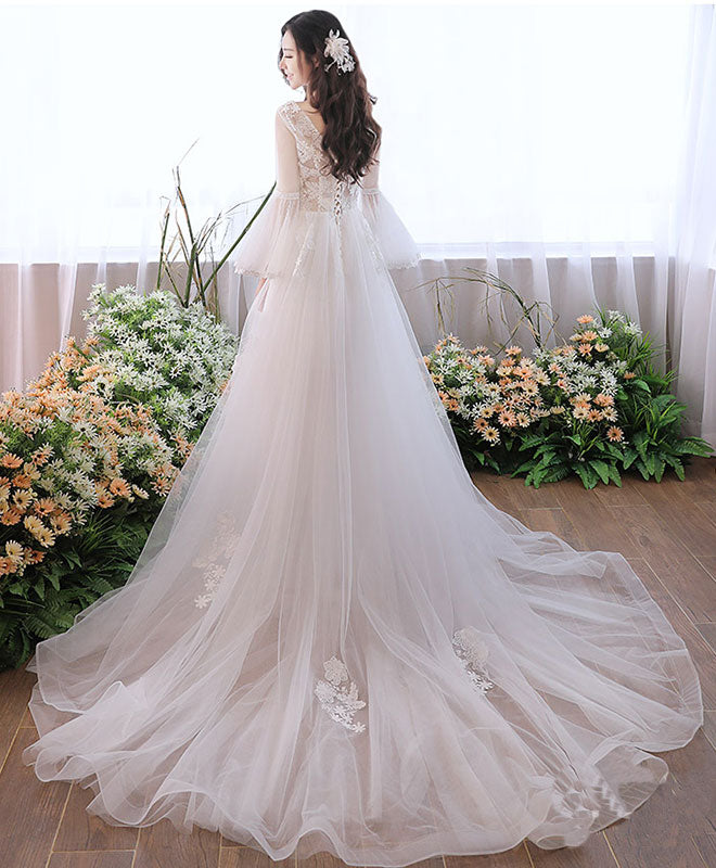 White V Neck Tulle Lace Long Prom Dress, White Evening Dress