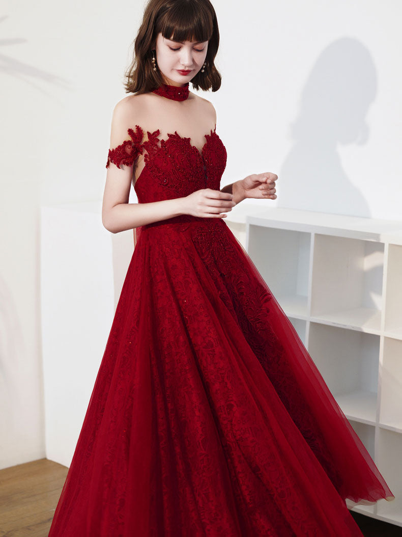 Burgundy Tulle Lace Tea Length Prom Dress, Burgundy Evening Dress