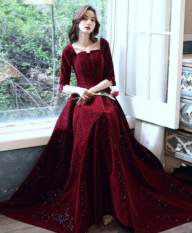 Velvet Floor Length Gown Burgundy Velvet Long Prom Dress Burgundy