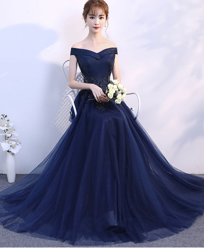 Simple Blue Off Shoulder Long Prom Dress, Blue Bridesmaid Dress – shopluu