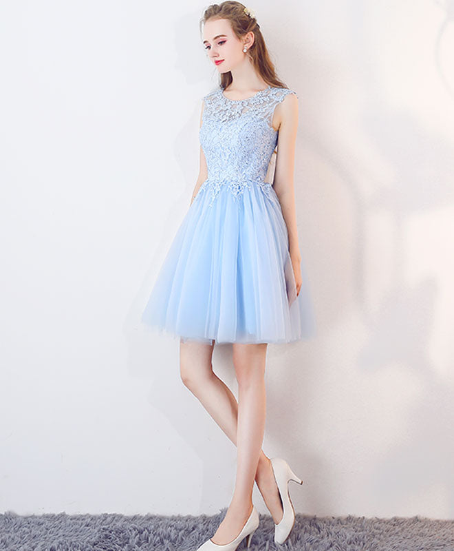 Cute Blue Tulle Lace Short Prom Dress, Blue Homecoming Dress