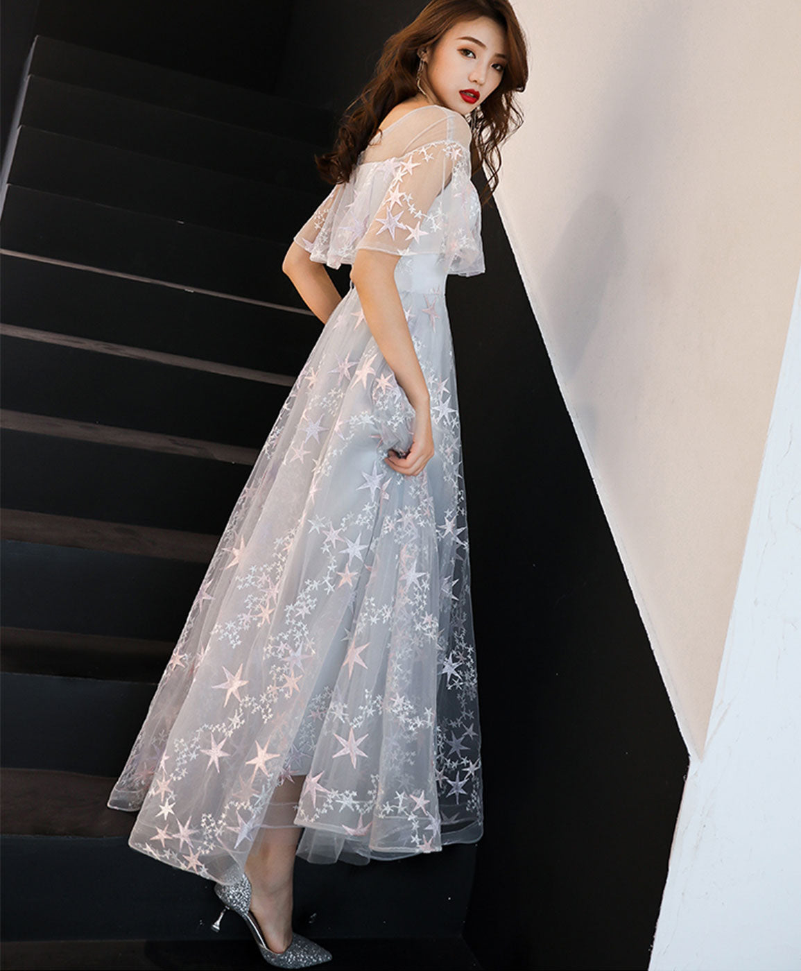 Gray Tulle Lace Long Prom Dress Gray Tulle Formal Dress