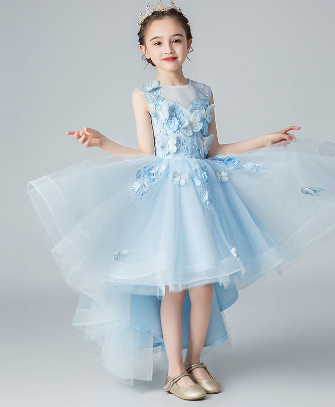 Blue Round Neck Tulle High Low Lace Prom Dress, Flower Girl Dress shopluu Blue Round Neck Tulle High Low Lace Prom Dress, Flower Girl Dress shopluu