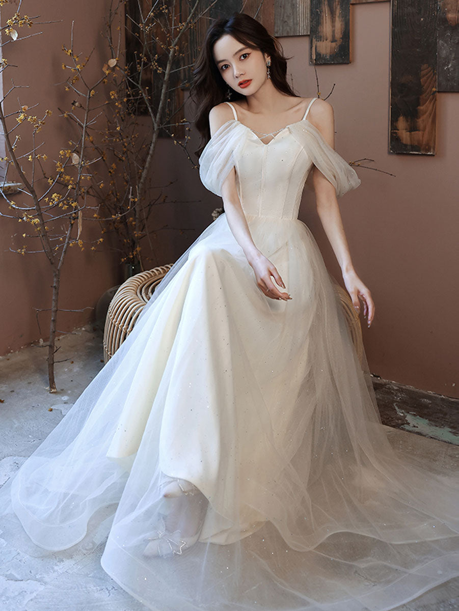 Simple White Off Shoulder Tulle Long Prom Dress, White Formal Dresses