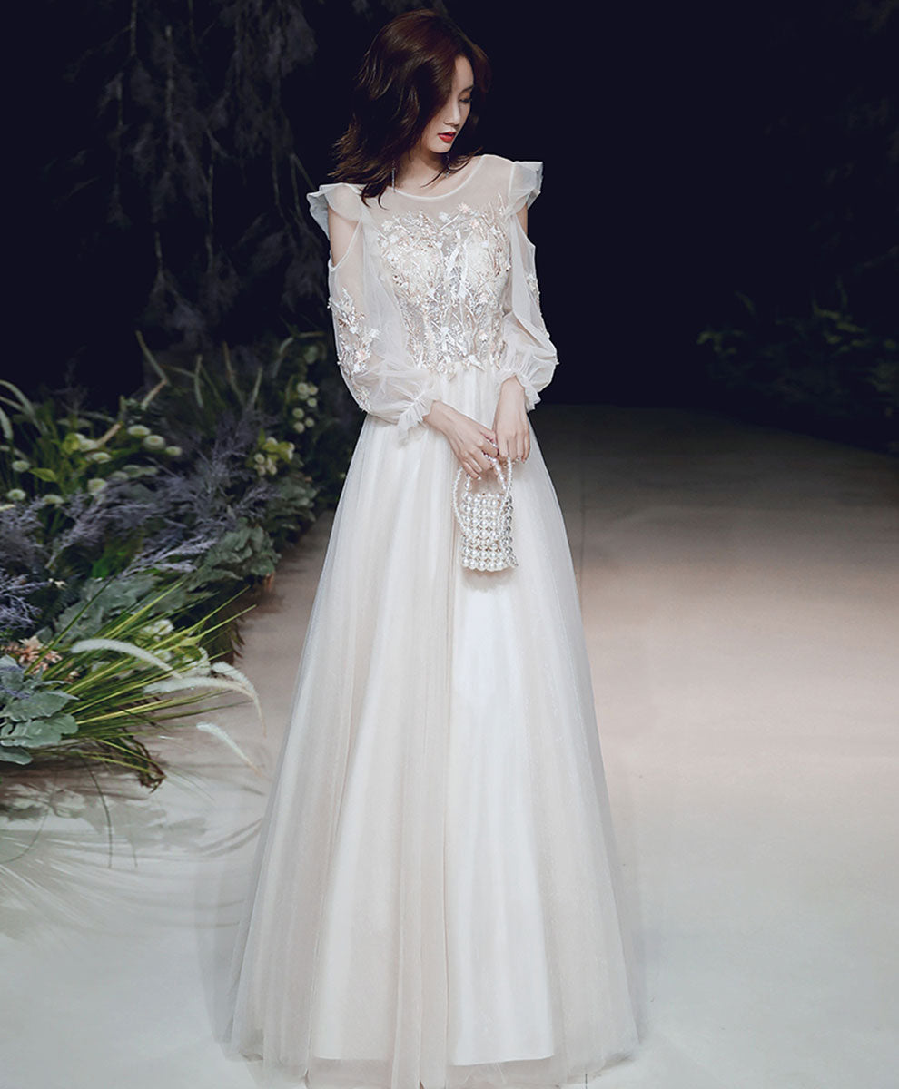 Light Champagne Long Prom Dress, Formal Evening Party Dress with Lace
