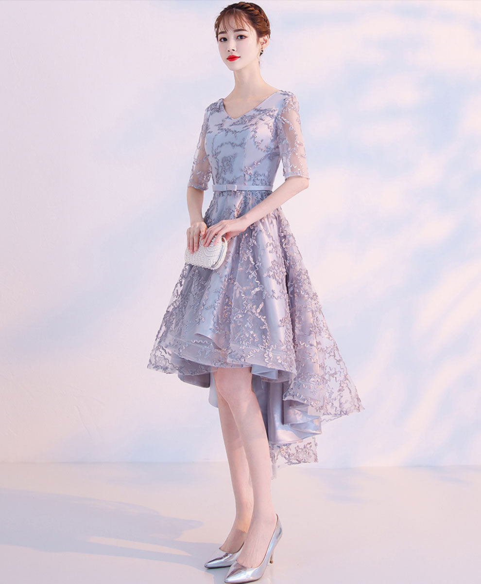 Gray Lace High Low Prom Dress Fray Lace Cocktail Dress, Gray Homecoming Dress