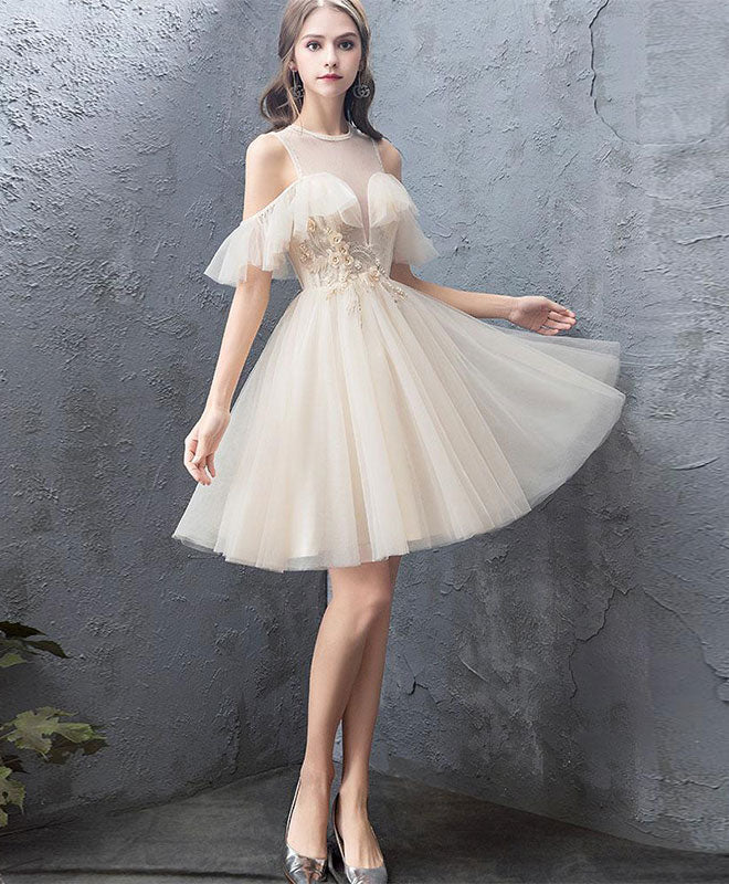 Cute Round Neck Tulle Champagne Short Prom Dress, Homecoming Dress Custom Size / Champagne Cute Round Neck Tulle Champagne Short Prom Dress, Homecoming Dress Custom Size / Champagne