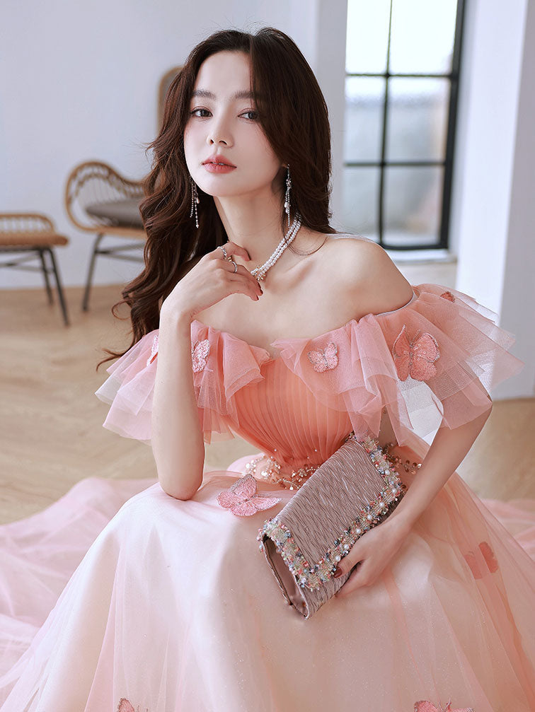 A-Line Off Shoulder Pink Long Prom Dresses, Pink Tulle Formal Evening Dress A-Line Off Shoulder Pink Long Prom Dresses, Pink Tulle Formal Evening Dress