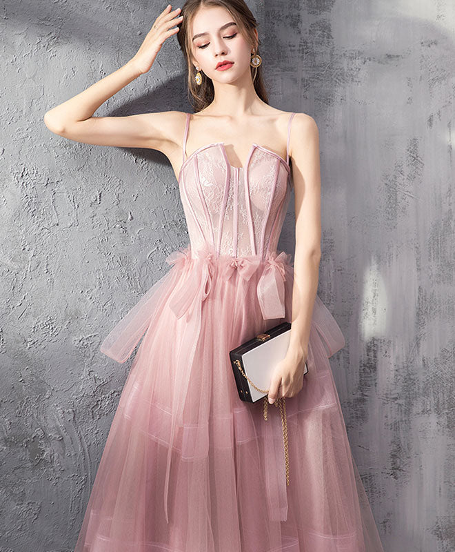 Pink Tulle Lace Long Prom Dress, Pink Evening Graduation Dress