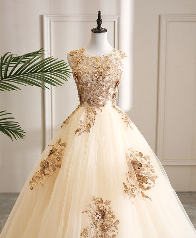 Champagne Tulle Lace Long Prom Dress Champagne Evening Dress