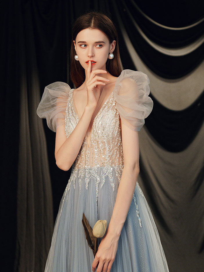 Gray Blue V Neck Tulle Sequin Long Prom Dress, Gray Blue Evening Dress