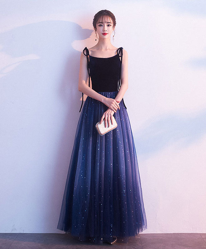 Simple Blue Tulle Long Prom Dress, Shiny Blue Evening Dress