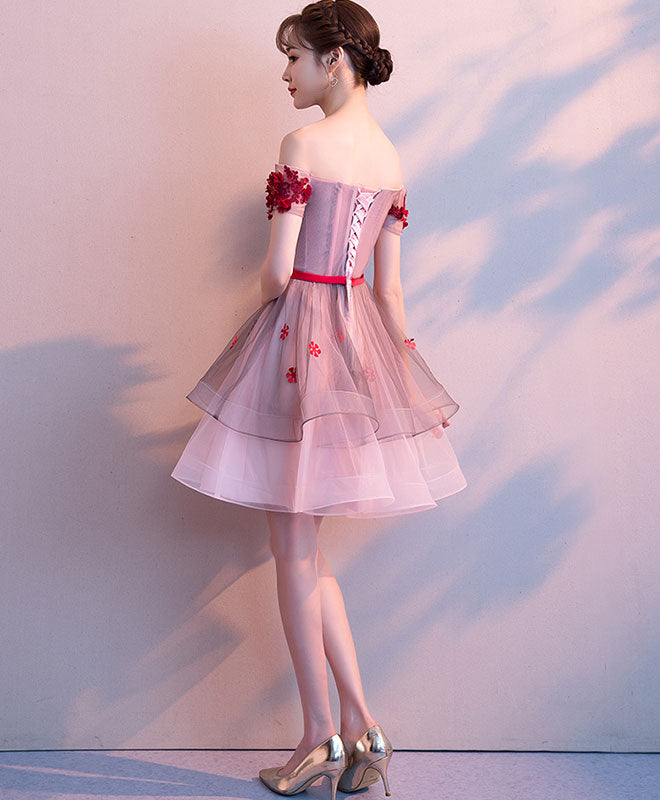 Pink Tulle Lace Short Prom Dress, Pink Tulle Homecoming Dress