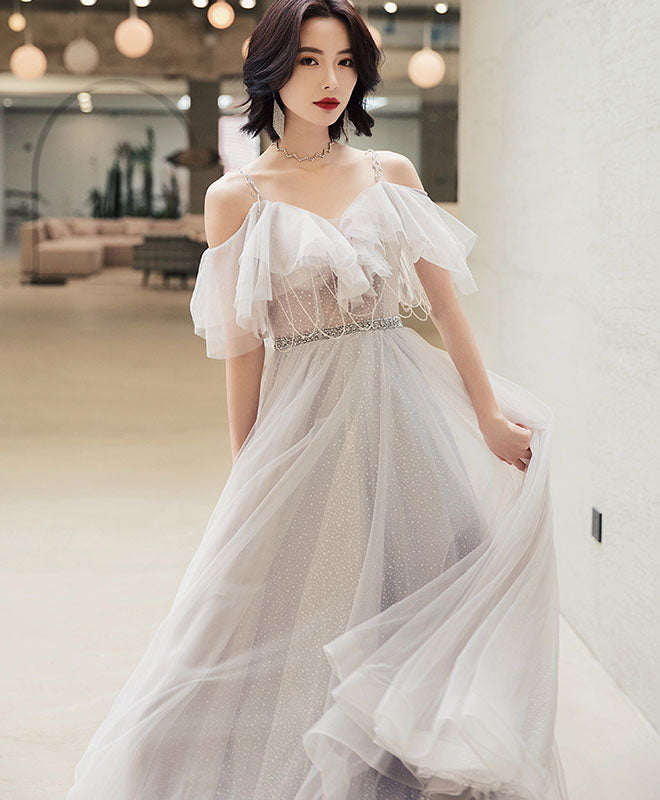 Elegant Off Shoulder Tulle Long Prom Dress, Tulle Evening Dress US 2 / Gray Elegant Off Shoulder Tulle Long Prom Dress, Tulle Evening Dress US 2 / Gray
