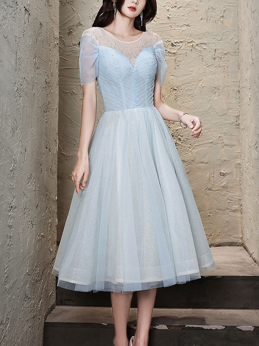 Blue Round Neck Tulle Short Prom Dress, Blue Homecoming Dress