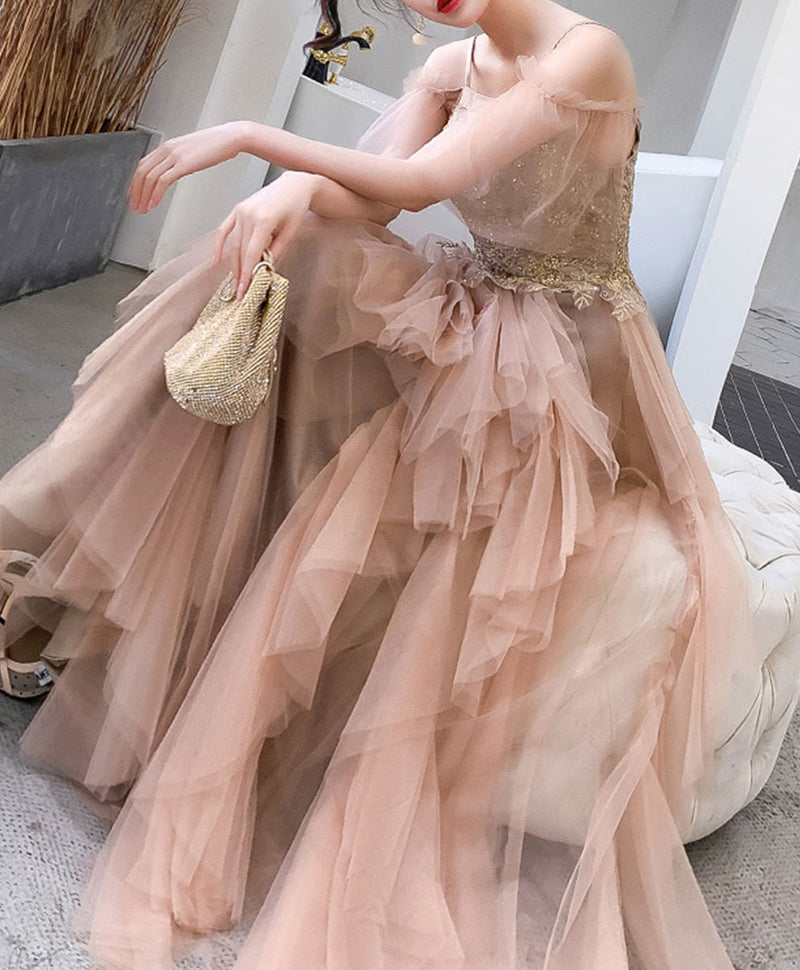 Champagne Tulle Lace Long Prom Dress Tulle Lace Evening Dress – shopluu