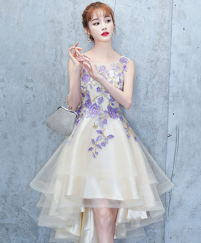 Light Champagne Tulle Lace Short Prom Dress, Lace Homecoming Dress