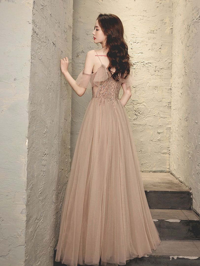 Champagne V Neck Tulle Beads Long Prom Dress, Champagne Evening Dress