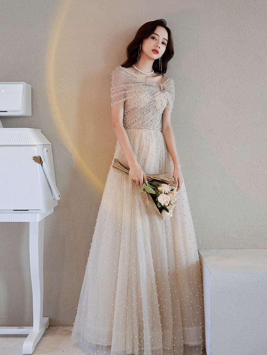 Champagne Tulle Beads Long Prom Dress Champagne Formal Dress