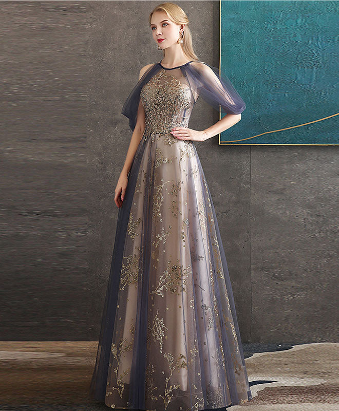 Gray Blue High Neck Tulle Lace Long Prom Dress Gray Tulle Formal Dress