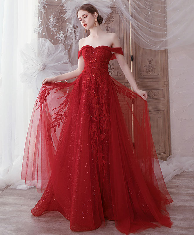 Tulle Off The Shoulder Long Sleeve Evening Gown Burgundy Tulle